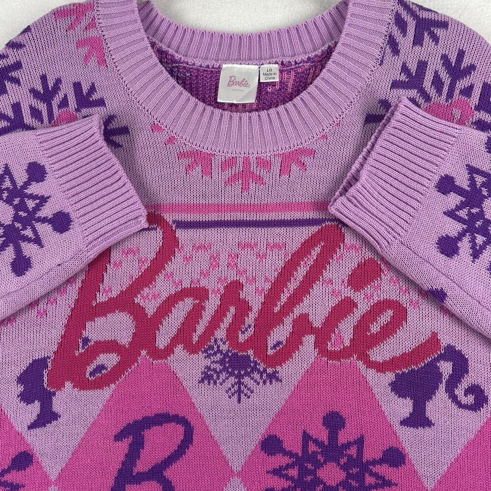 Barbie Womens Large Pink Purple Snowflake Knit Christmas Sweater Holiday Novelty